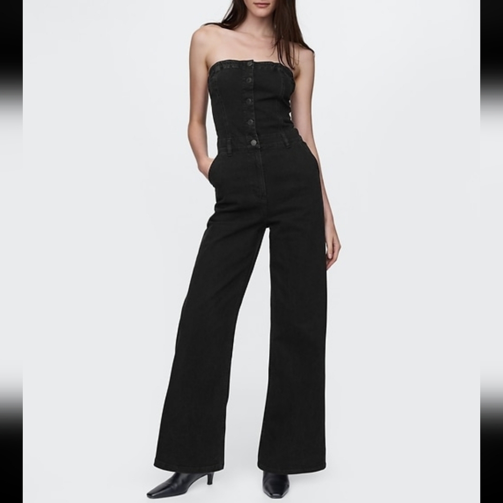Gap Strapless Wide Leg Denim Black Jumpsuit Size 8